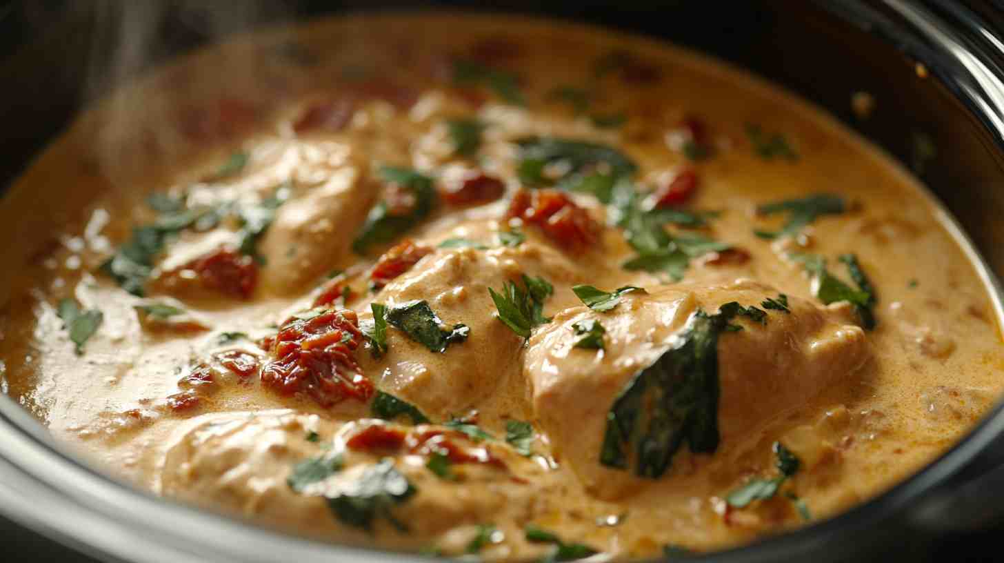 Creamy Tuscan Chicken Thighs in the Slow Cooker