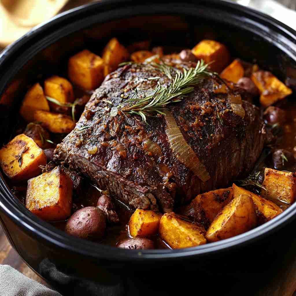 Crock Pot Arm Roast with Sweet Potatoes and Root Vegetables