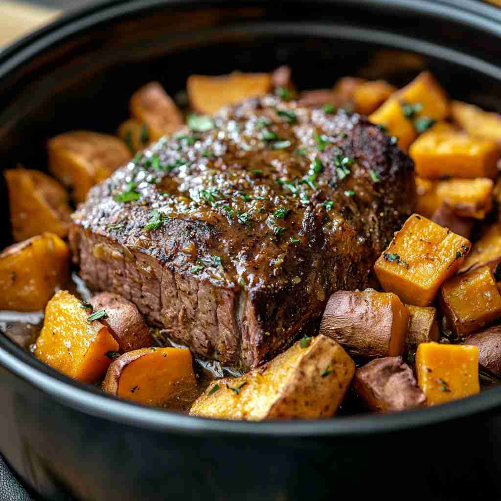 Crock Pot Arm Roast with Sweet Potatoes and Root Vegetables