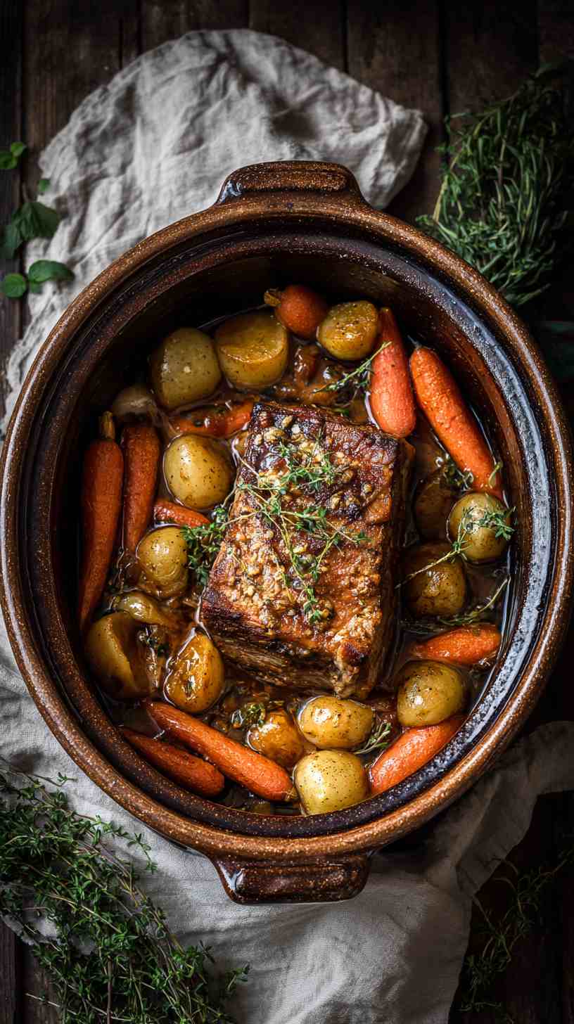 Crockpot Honey Garlic Pork Roast with Carrots and Potatoes