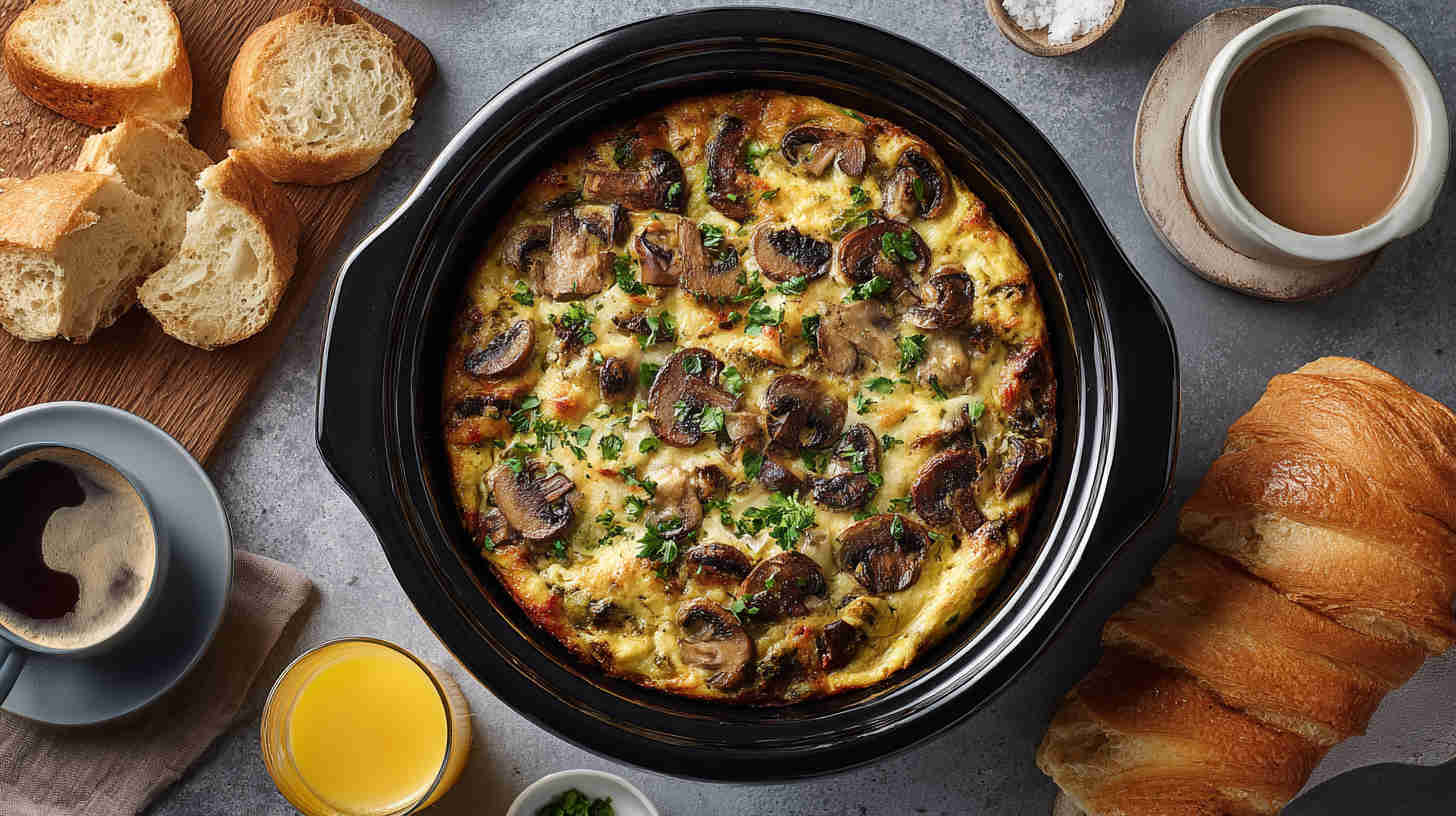 Crockpot Mushroom and Swiss Breakfast Casserole