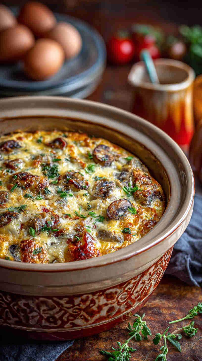 Crockpot Mushroom and Swiss Breakfast Casserole