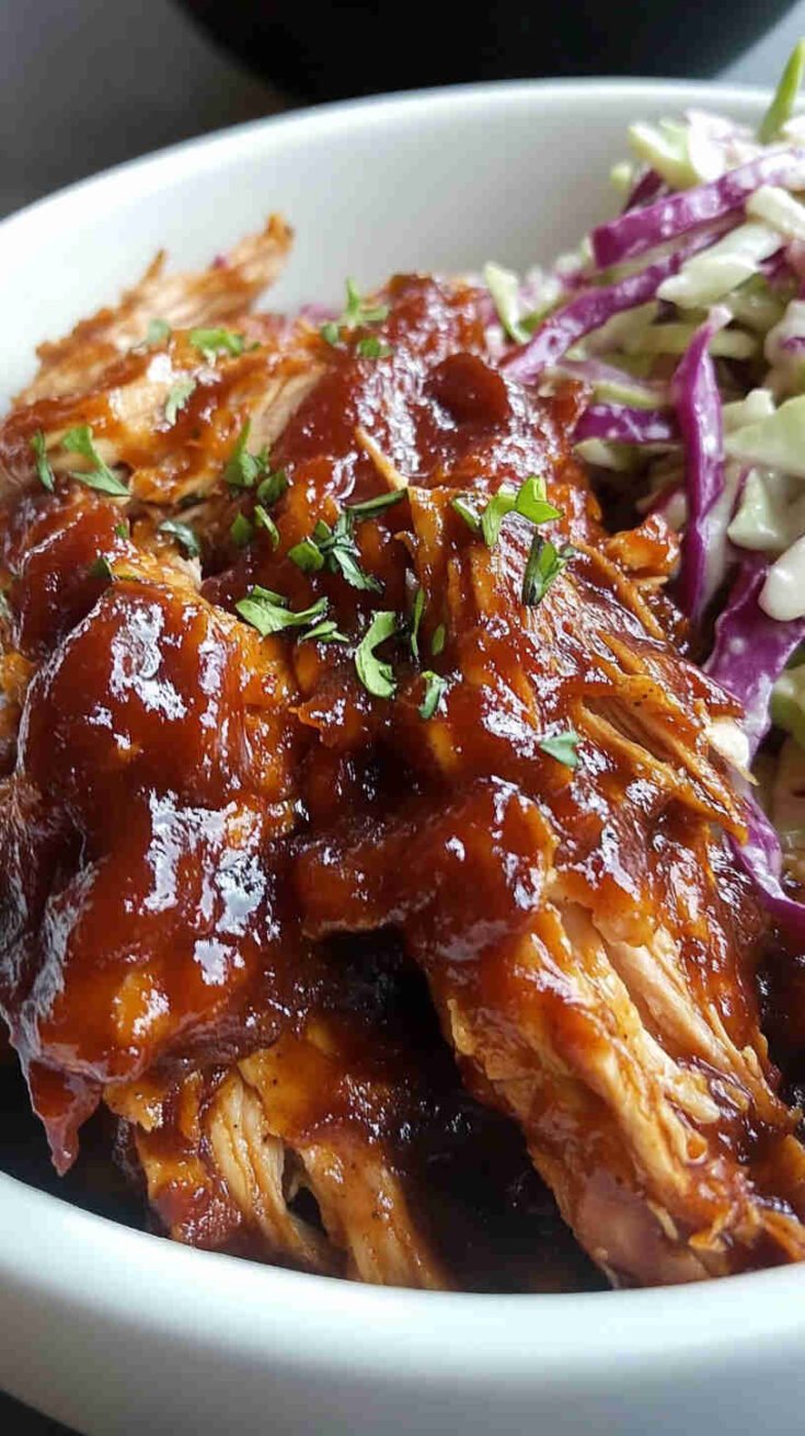 Sticky BBQ Pulled Chicken with Coleslaw