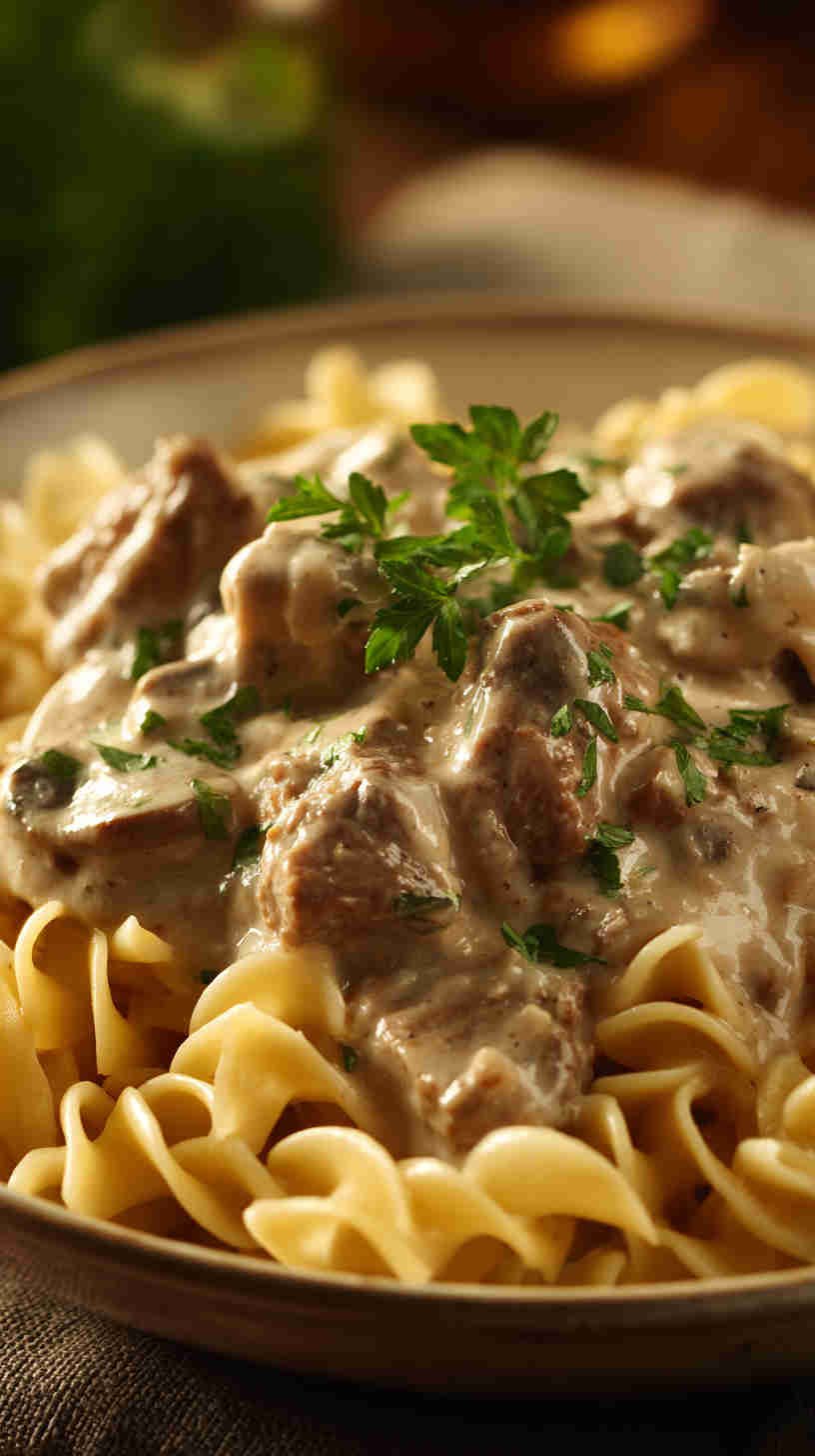 Crockpot Beef Stroganoff with Egg Pasta