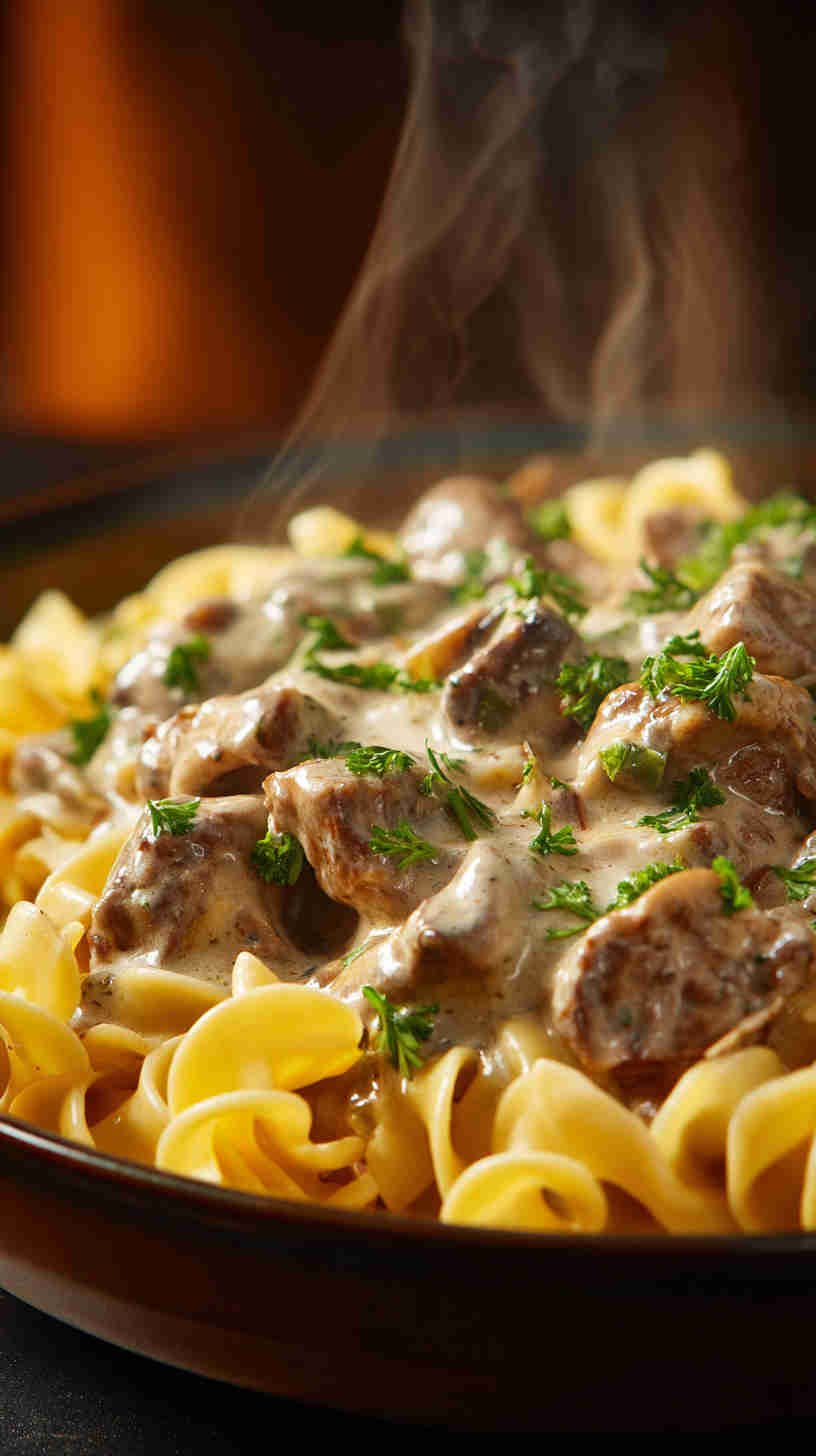 Crockpot Beef Stroganoff with Egg Pasta
