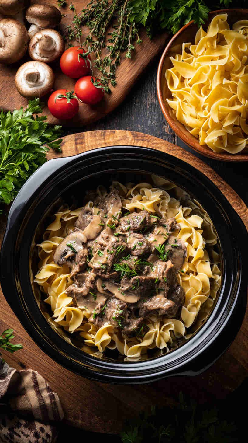 Crockpot Beef Stroganoff with Egg Pasta