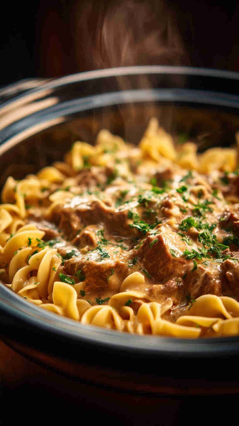 Crockpot Beef Stroganoff with Egg Pasta