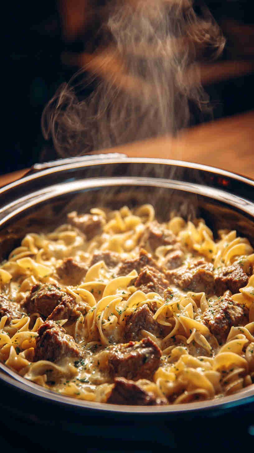 Crockpot Beef Stroganoff with Egg Pasta