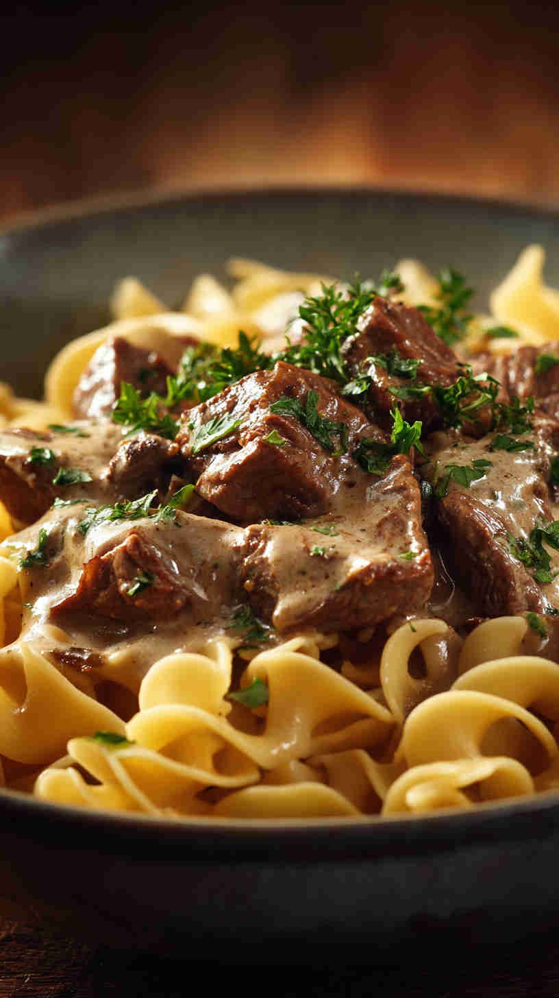 Crockpot Beef Stroganoff with Egg Pasta