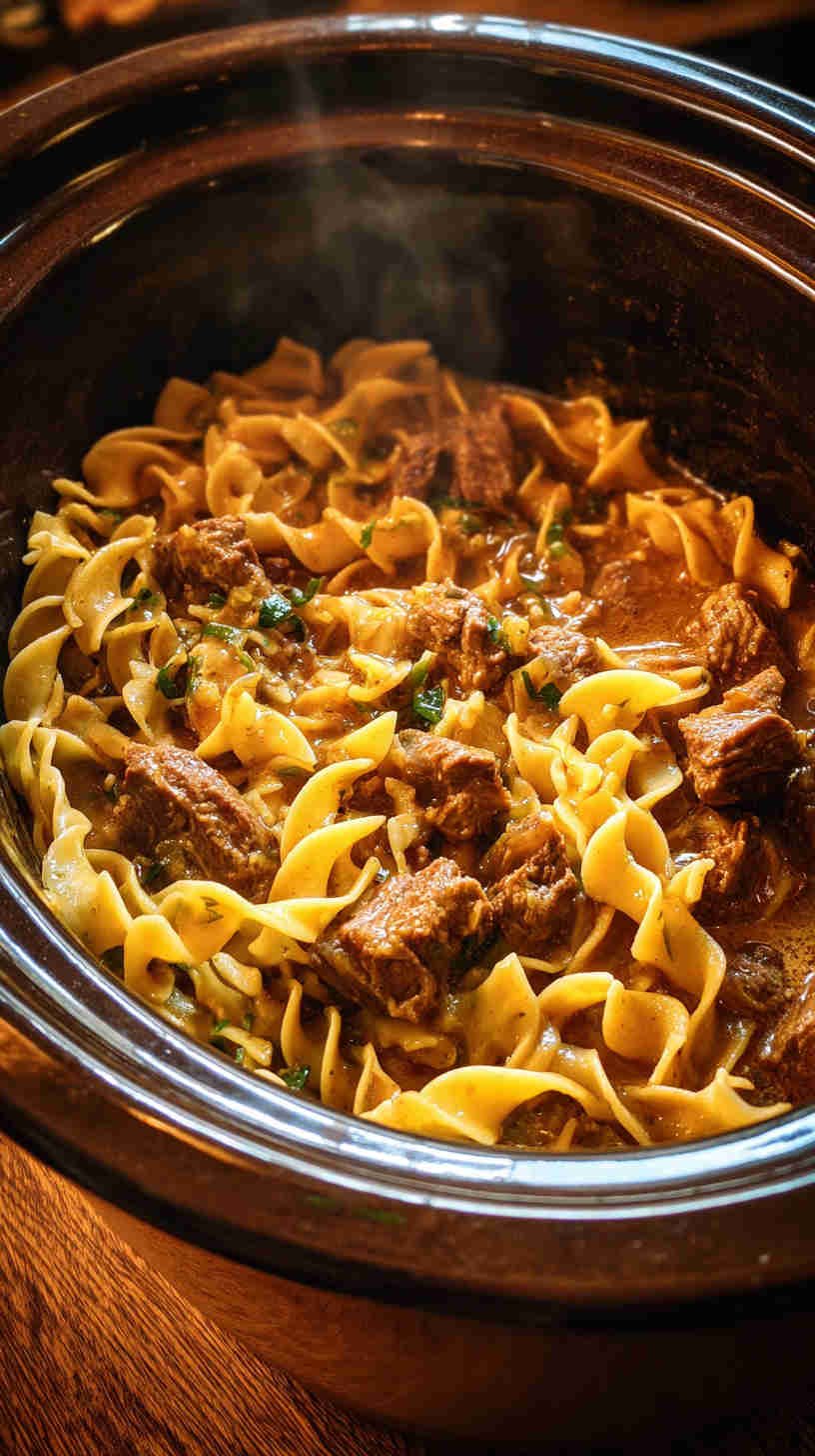 Crockpot Beef Stroganoff with Egg Pasta