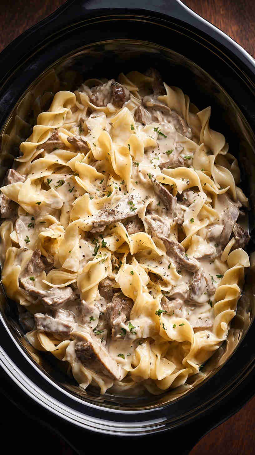 Crockpot Beef Stroganoff with Egg Pasta