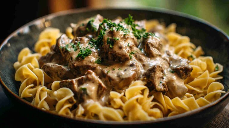Crockpot Beef Stroganoff with Egg Pasta