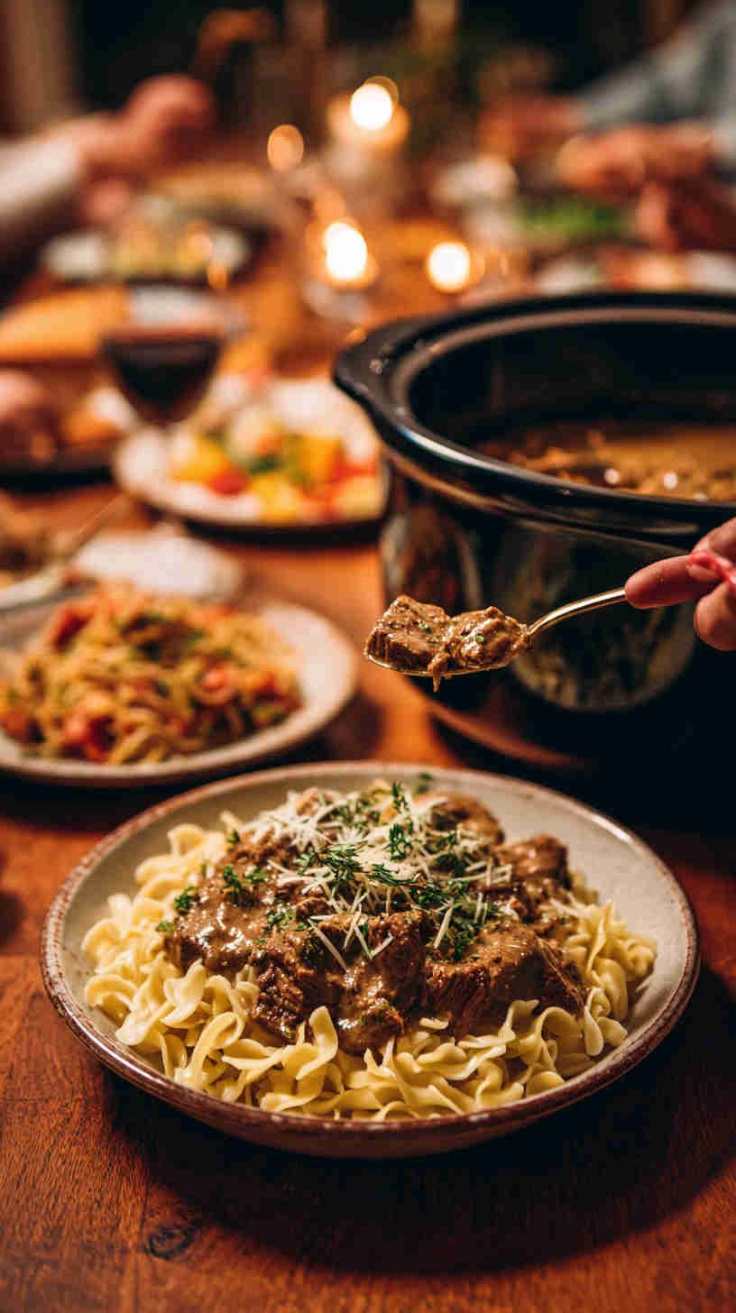 Crockpot Beef Stroganoff with Egg Pasta