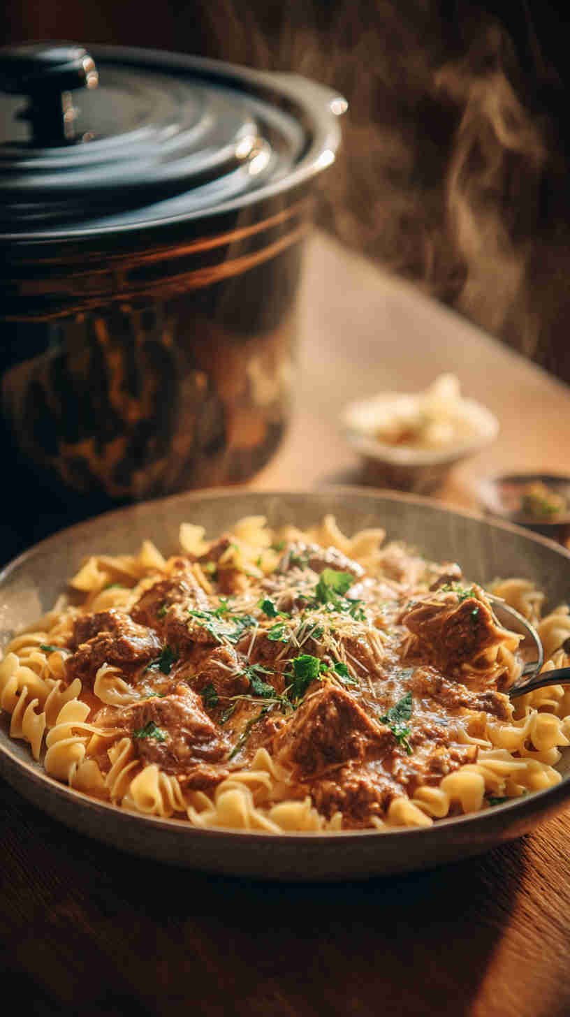 Crockpot Beef Stroganoff with Egg Pasta