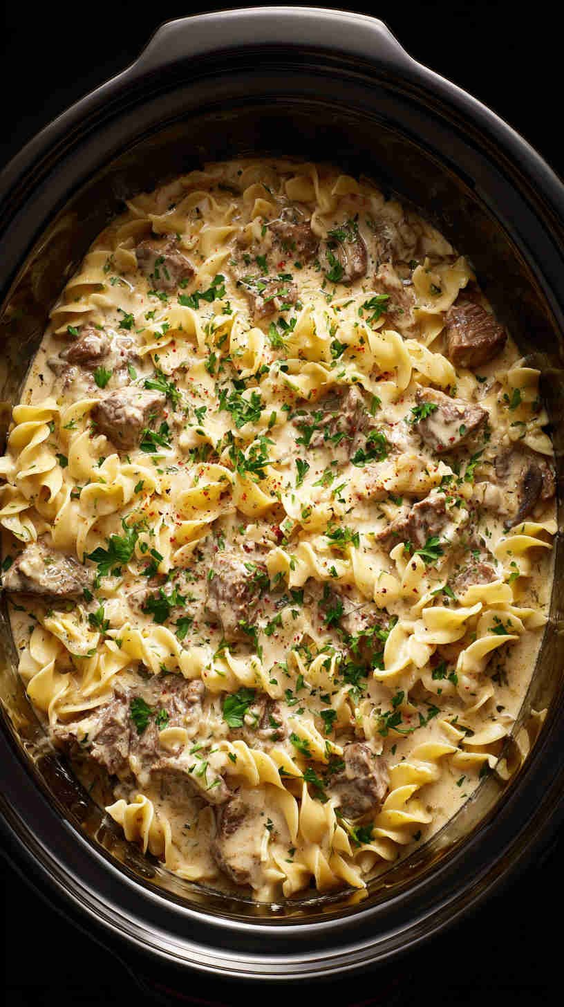 Crockpot Beef Stroganoff with Egg Pasta