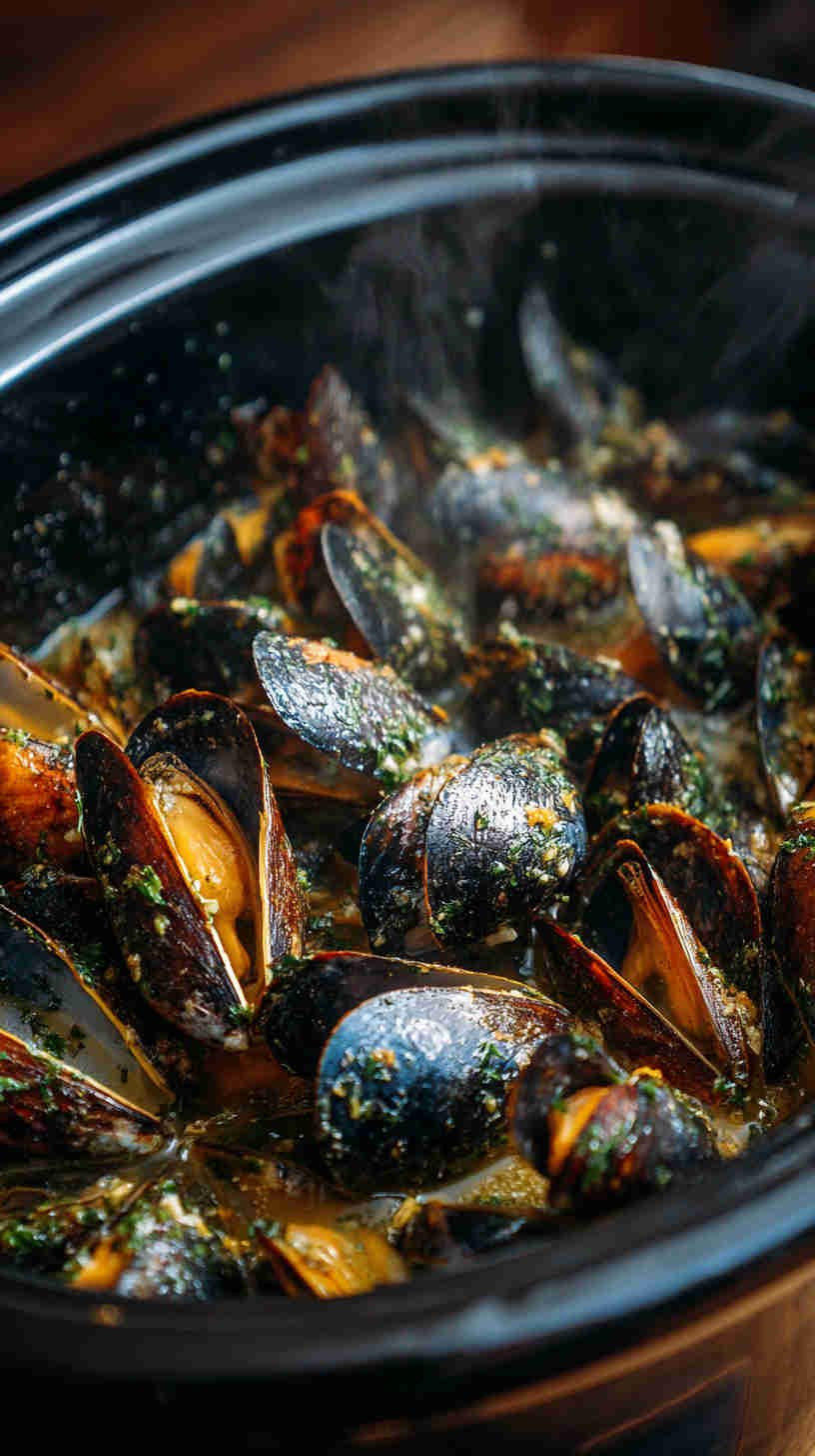 Crockpot Garlic Butter Mussels with White Wine