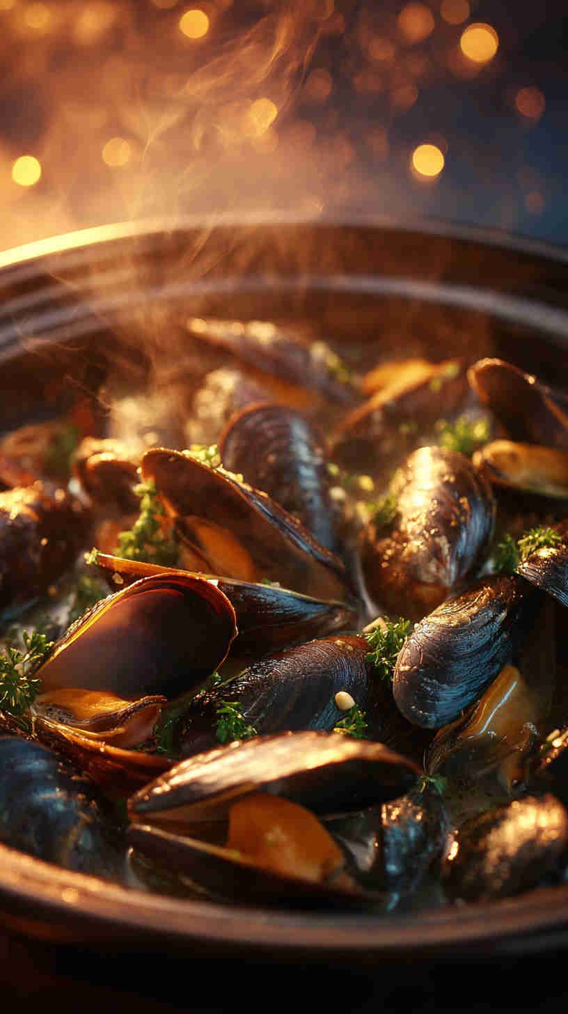 Crockpot Garlic Butter Mussels with White Wine