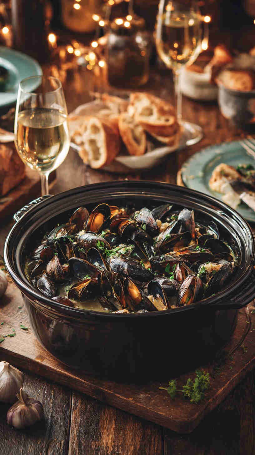 Crockpot Garlic Butter Mussels with White Wine