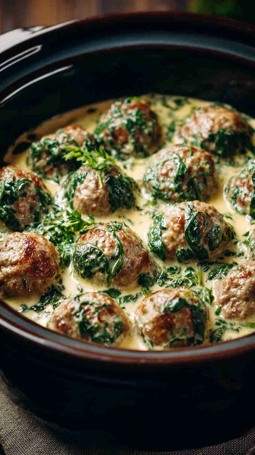 Crockpot Spinach and Feta Meatballs