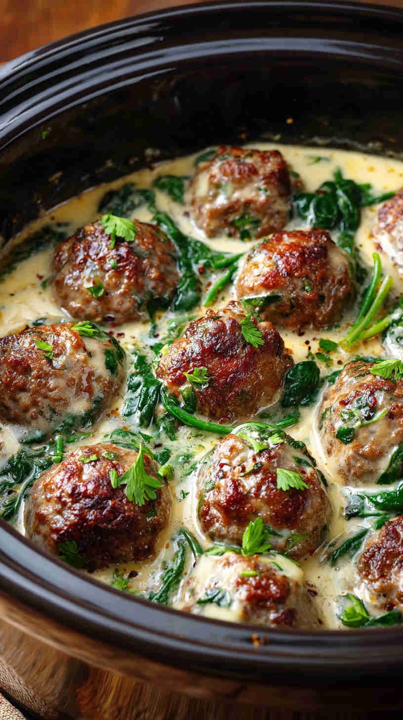 Crockpot Spinach and Feta Meatballs