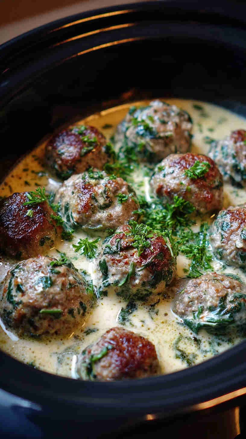 Crockpot Spinach and Feta Meatballs