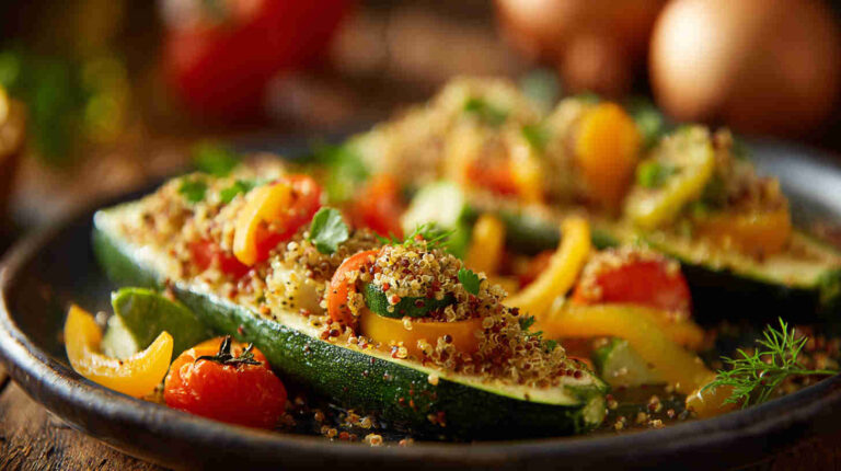 Crockpot Quinoa-Stuffed Zucchini Boats