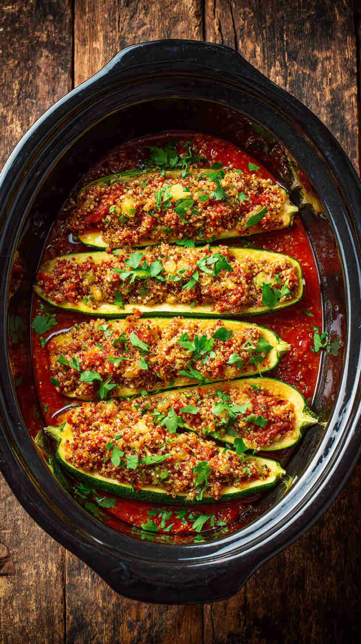 Crockpot Quinoa-Stuffed Zucchini Boats