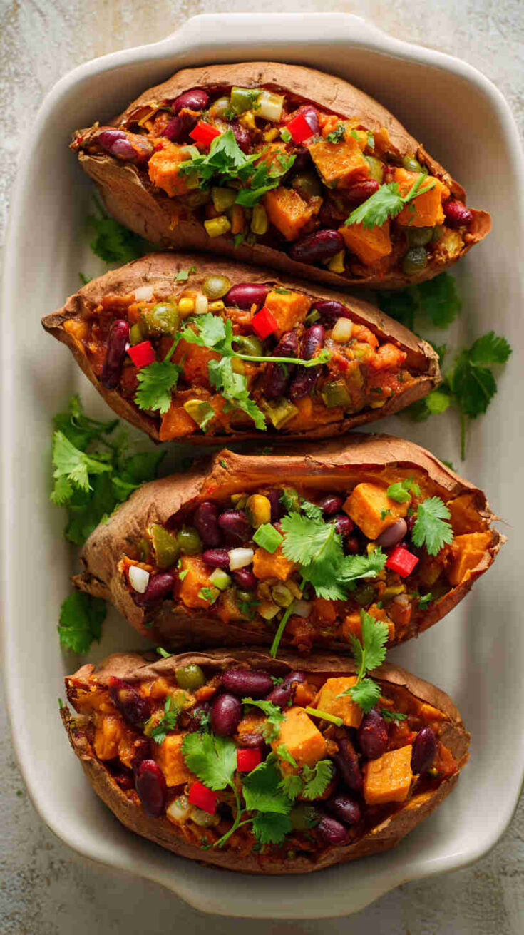 Crockpot Vegan Chili-Stuffed Sweet Potatoes